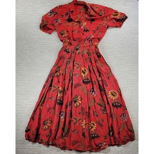 Vintage Ellen Tracy Silk Skirt Set 4 Red Floral Shoulder Pad Top Retro Hong Kong